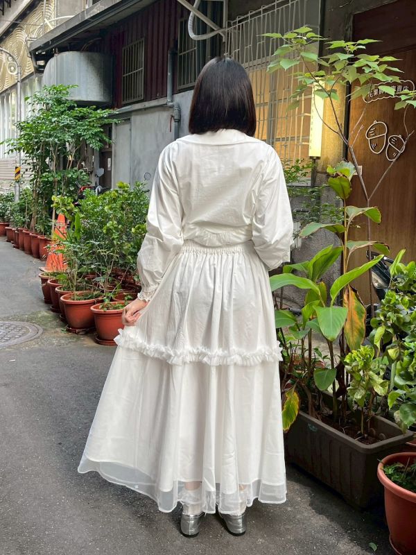 荷葉拼接雙層下擺內鬆緊腰紗裙 