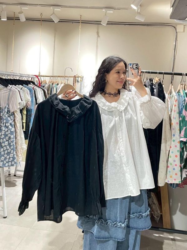 公主袖剪裁雙層荷葉領棉麻落肩前短後長襯衫 