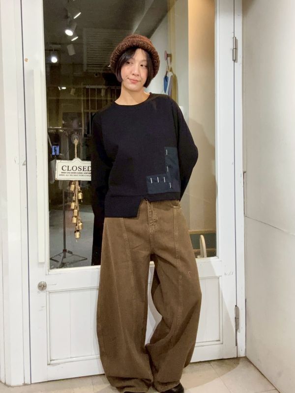 下擺裁切異材質拼接長袖上衣 