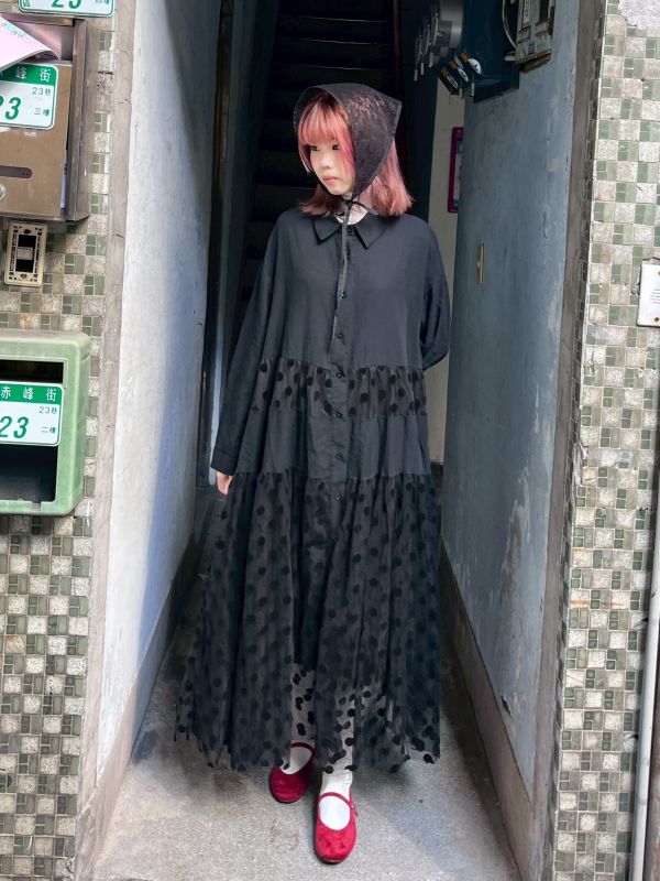 圓點紗拼接長袖洋裝 