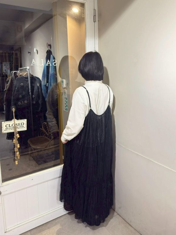 波點紗綁帶吊帶長版罩衫 