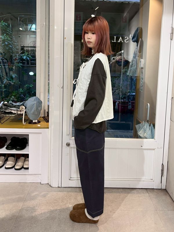 藏藍拼腰果花明線帆布長褲 