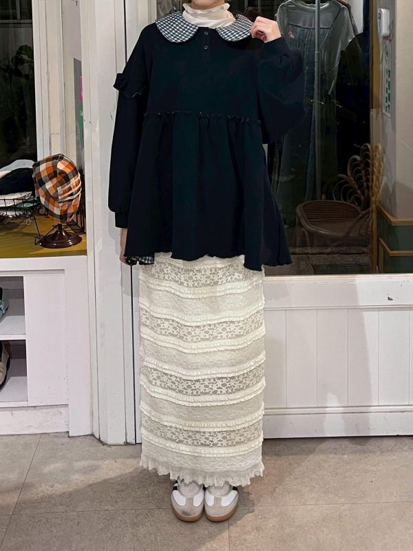 抽繩蕾絲花邊層次彈力長裙 