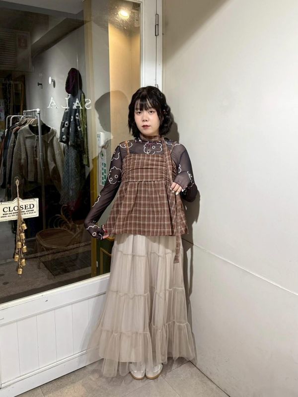 格紋抓皺散擺後鬆緊吊帶背心+綁帶 