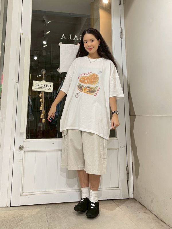 FASTFOOD LOVER印花落肩T 
