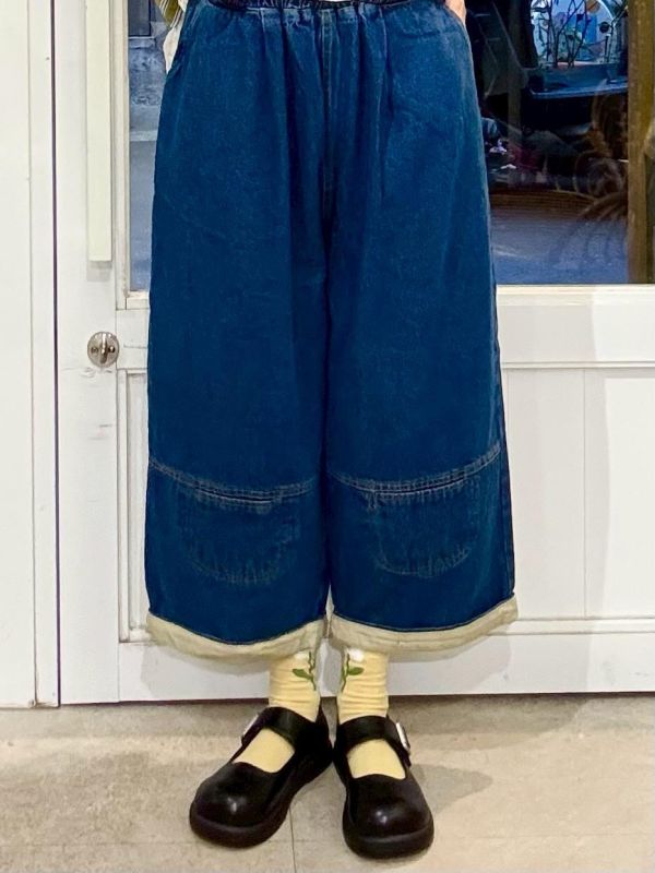 褲腳反折拼接繭型九分褲牛仔寬褲 