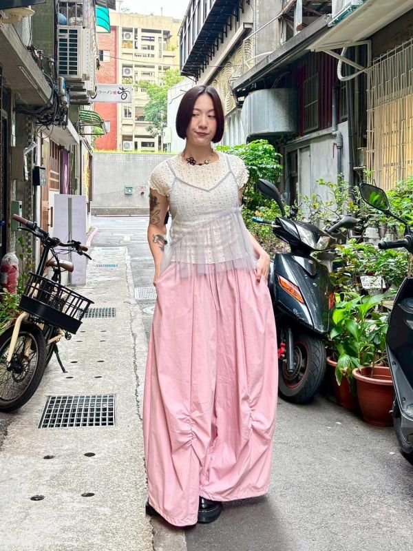 伸縮腰抓皺落地寬褲裙 