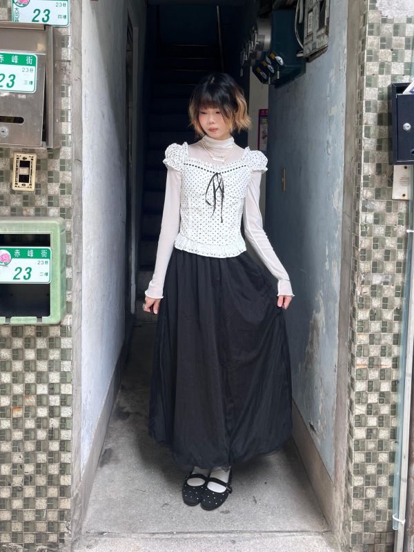 公主袖波點蕾絲綁帶小上衣 
