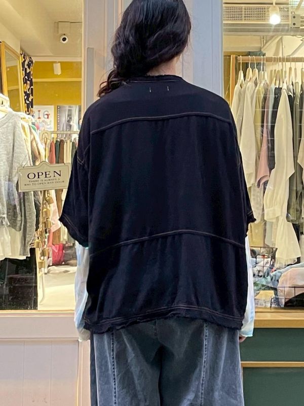 撞色車線多口袋飛鼠袖落肩抽鬚牛仔襯衫 