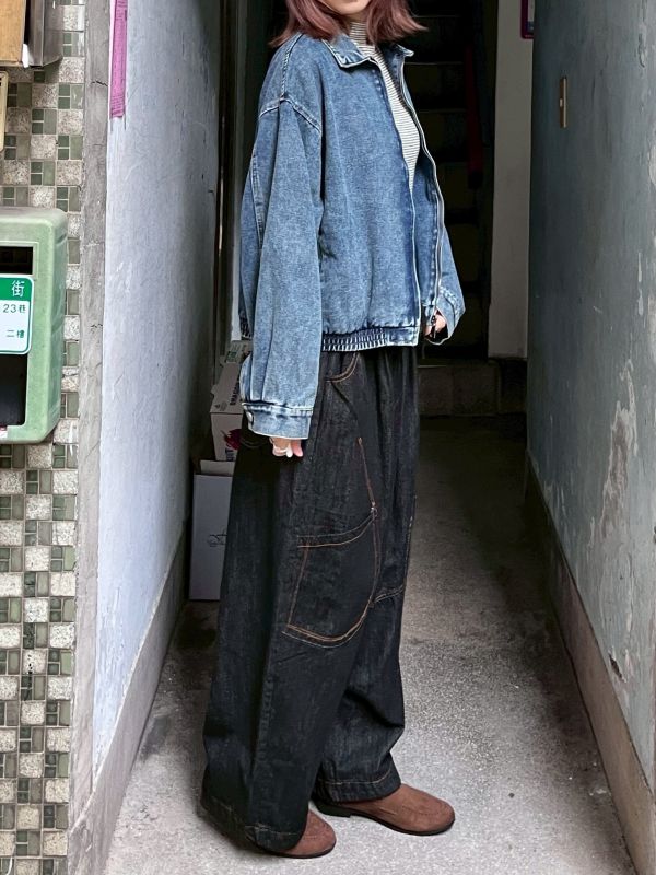 翻領做舊復古拉鍊牛仔外套 