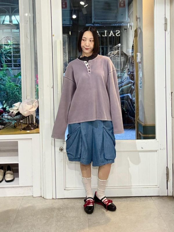 韓國男裝羅紋亨利領霧紫長袖上衣 