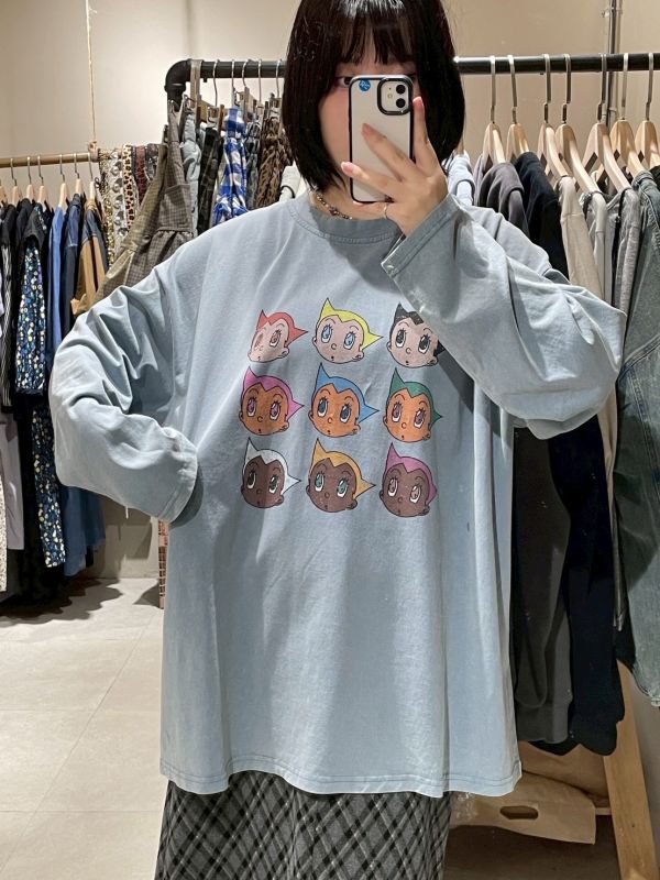 彩色原子小金剛水洗刷舊oversized長袖上衣 