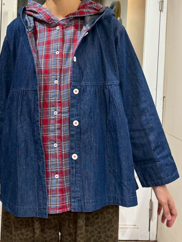 假兩件牛仔內裡格紋連帽襯衫 