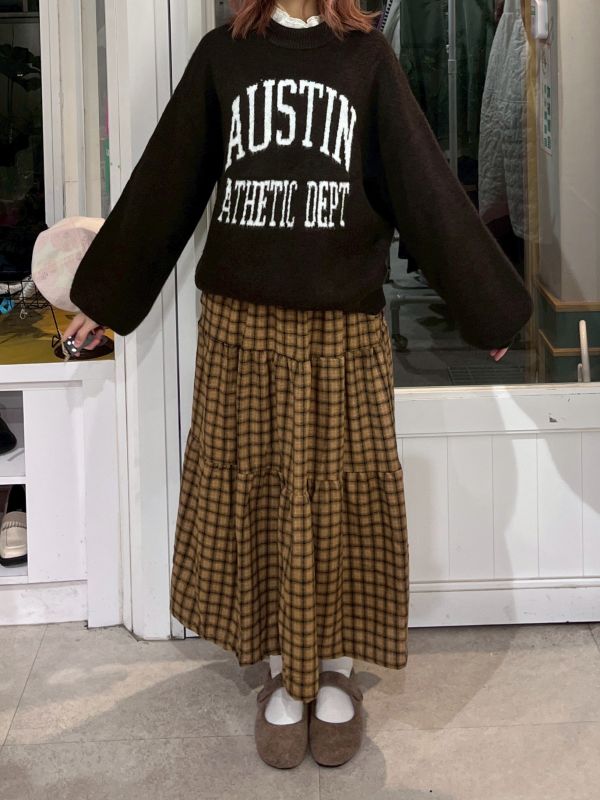 黃色格紋毛呢蛋糕長裙 