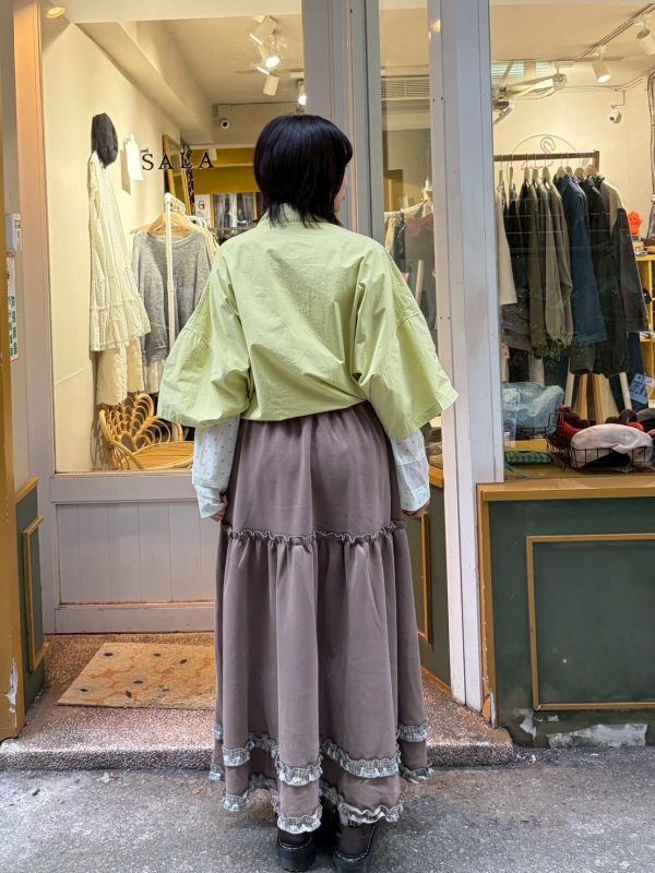 厚布格紋滾邊鬆緊腰長裙 