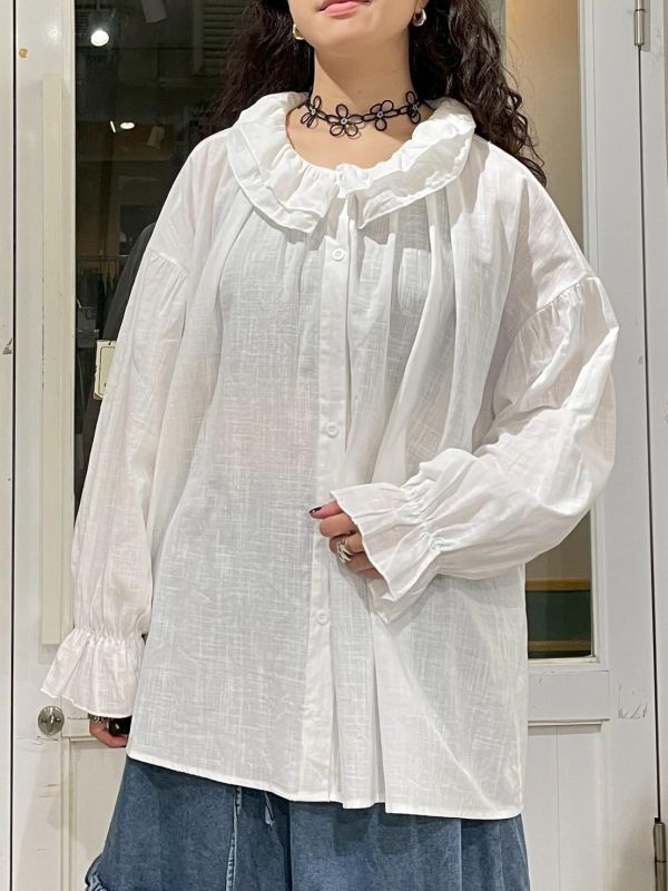 公主袖剪裁雙層荷葉領棉麻落肩前短後長襯衫 