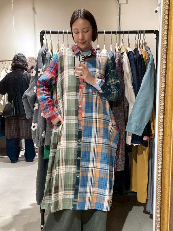 拼接格紋長版襯衫洋裝 