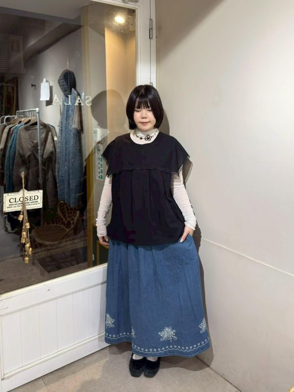 牛仔刺繡下擺鬆緊腰長裙 