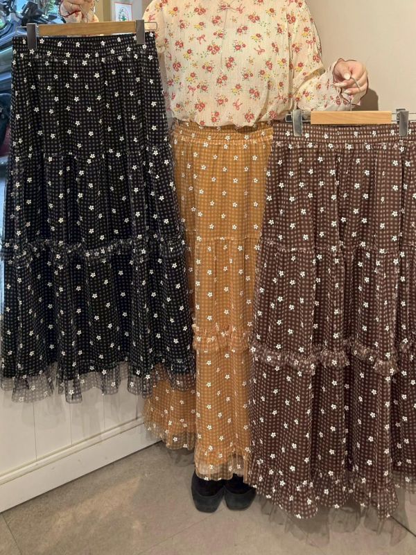 亮粉小花格紋荷葉鬆緊腰紗裙 