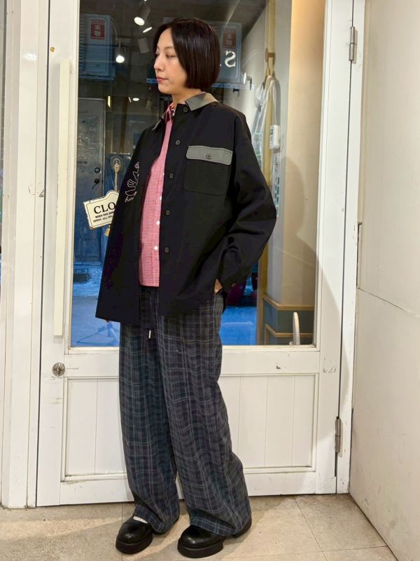 伸縮腰抽繩薄毛呢格紋褲 