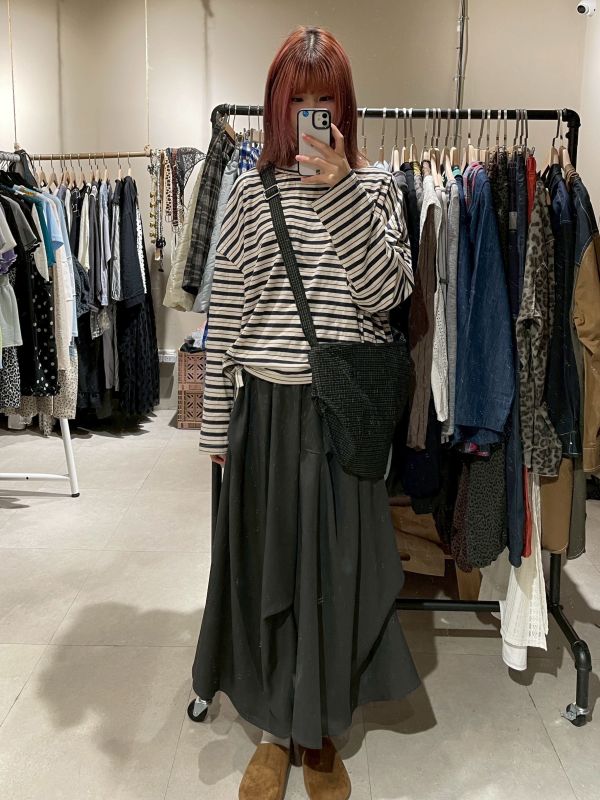 短版條紋下綁帶圓領上衣 