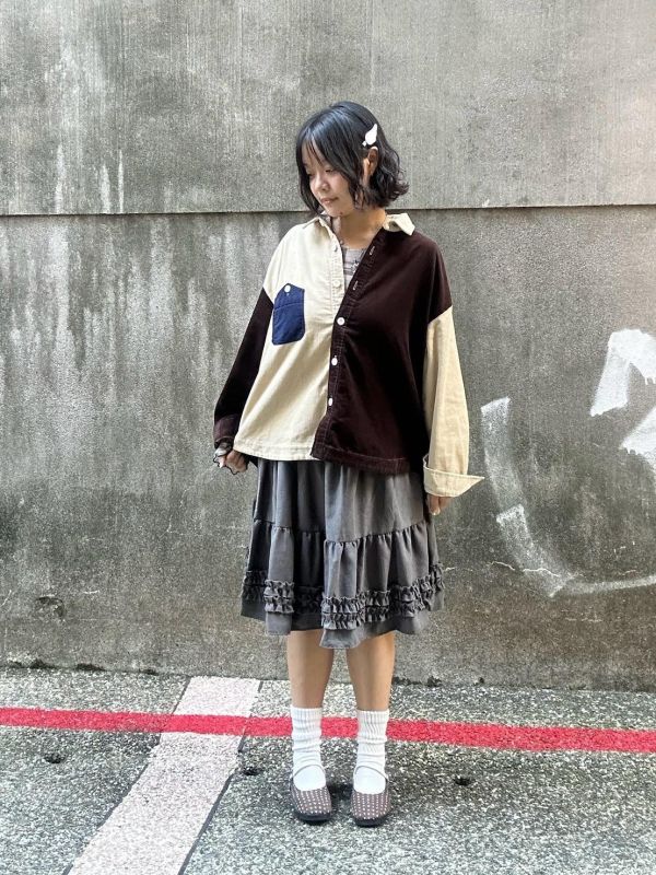 細燈芯絨多色拼接襯衫 