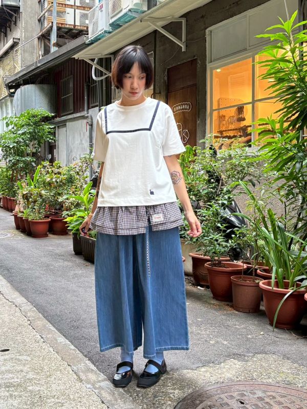 藍色緞帶車縫水手白tee 