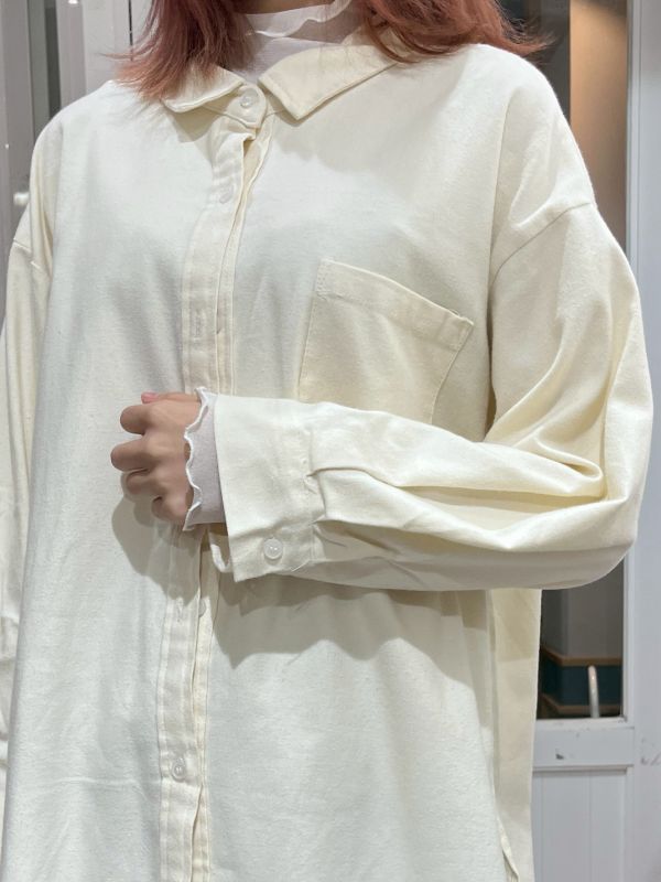 前短後長弧形開衩棉質長袖襯衫 