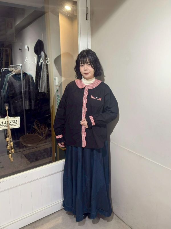 大格紋拼接荷葉下擺鬆緊腰傘裙 