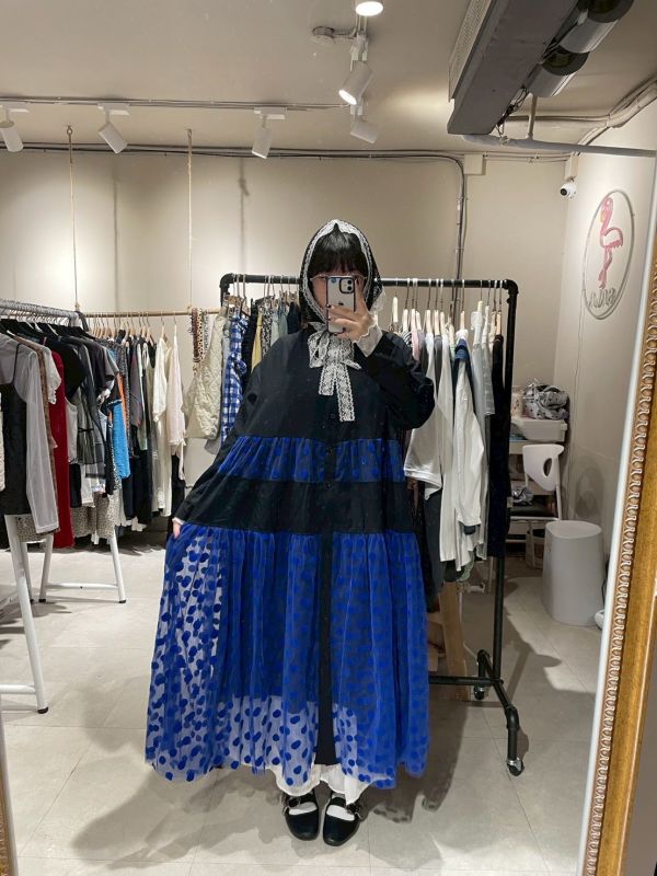 圓點紗拼接長袖洋裝 