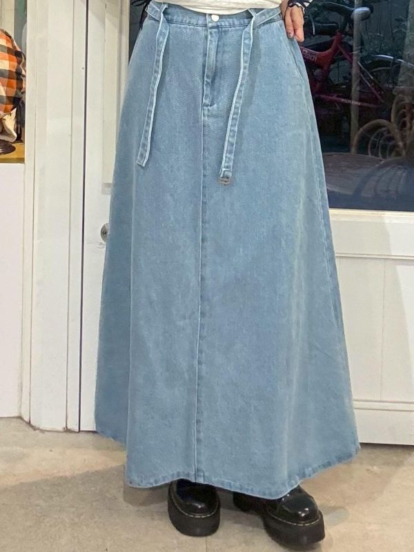 鬆緊腰A字牛仔裙附腰帶 