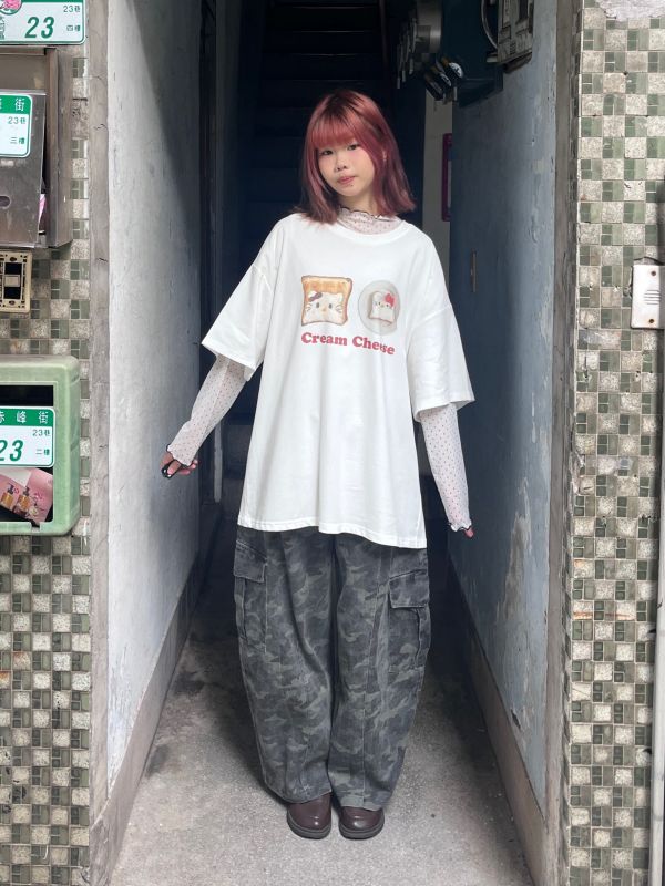 迷彩牛仔工裝口袋彎刀長褲 