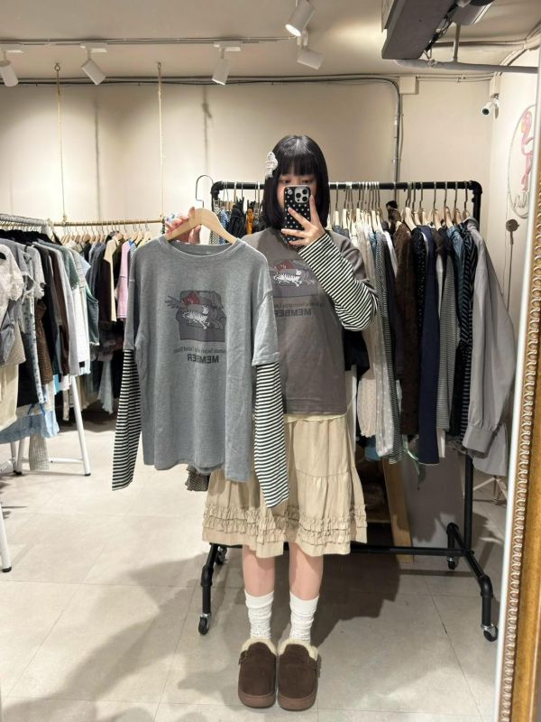 沙發貓狗假兩件條紋拼袖tee 