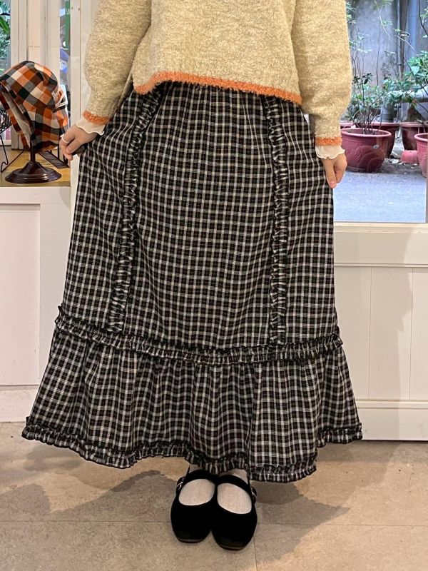 復古格紋擠花魚尾長裙 