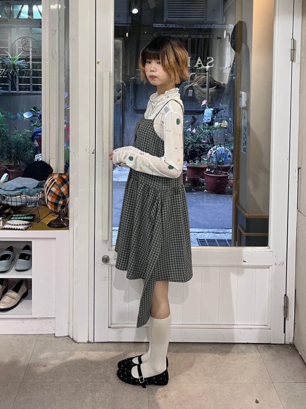 側綁帶格紋排扣吊帶背心裙 