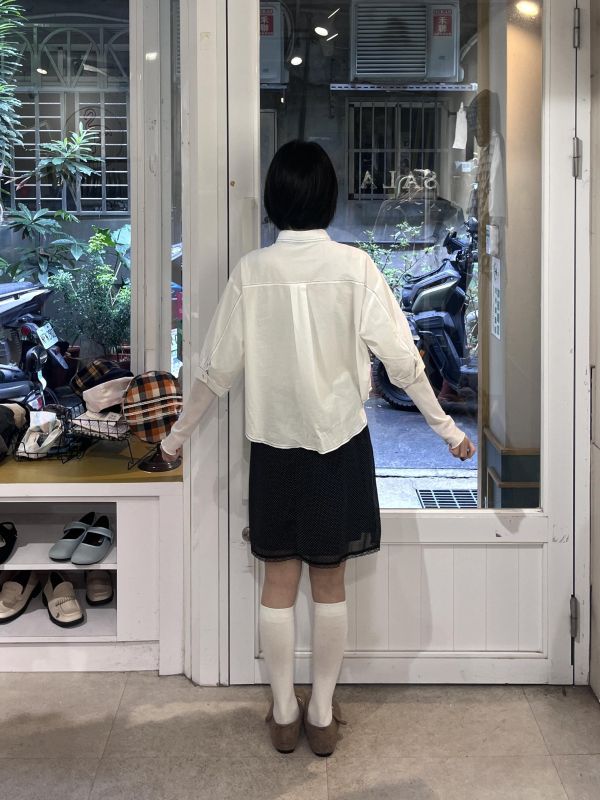 明線雙口袋短板五分袖襯衫 