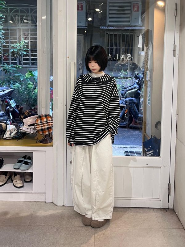 明線刷刷布綁帶錐形寬褲 