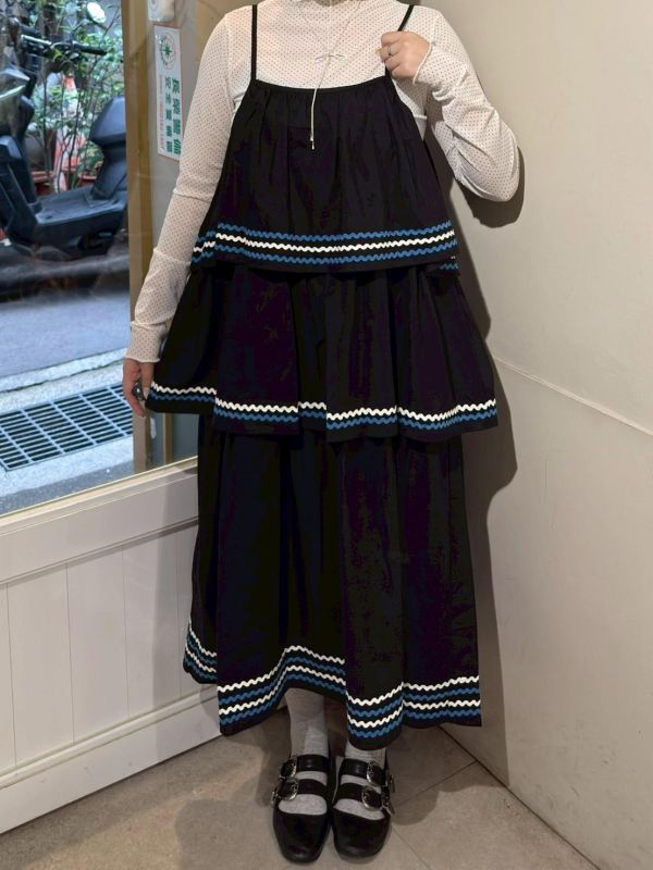 波浪紋吊帶洋裝+波浪紋短袖綁帶襯衫兩件式套裝 