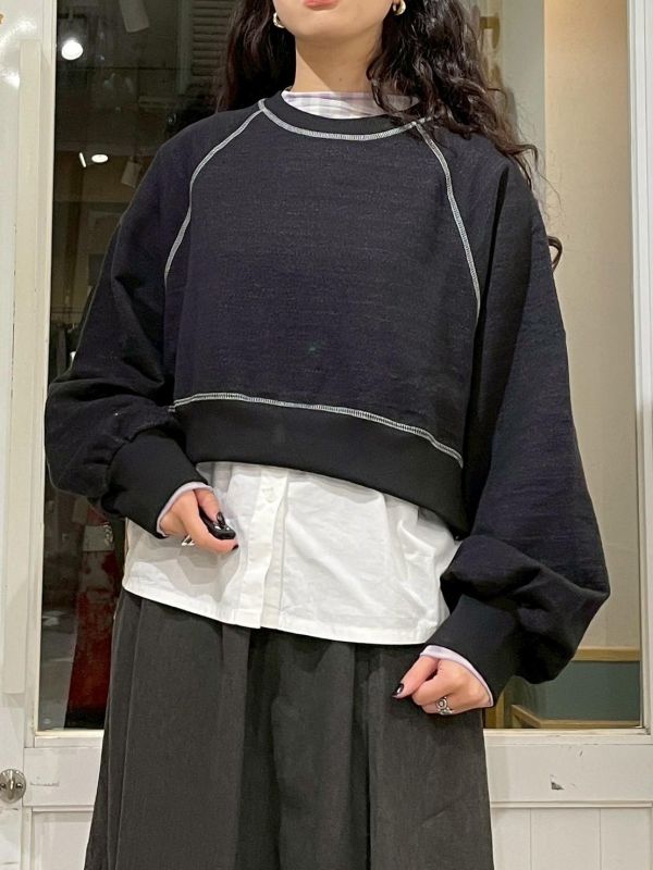 假兩件襯衫+白車線蓬蓬袖側拉鍊寬鬆棉質上衣 