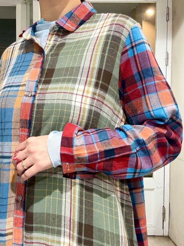 拼接格紋長版襯衫洋裝 