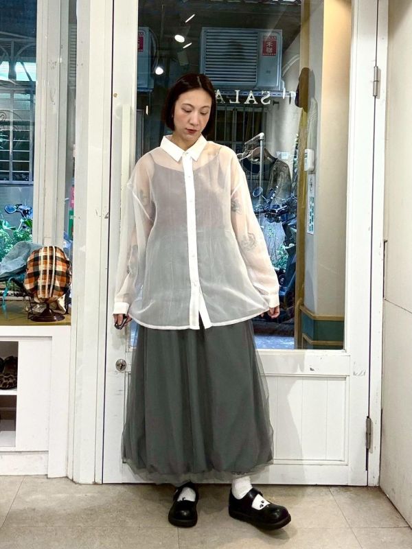 後開衩綁帶透膚襯衫 