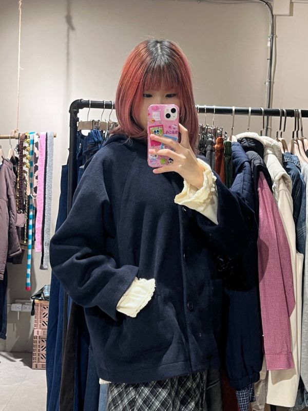 藏藍厚毛呢連帽排扣外套 