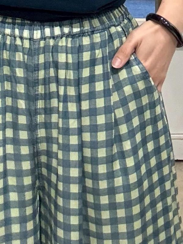 棉質褲腳荷葉格子褲 