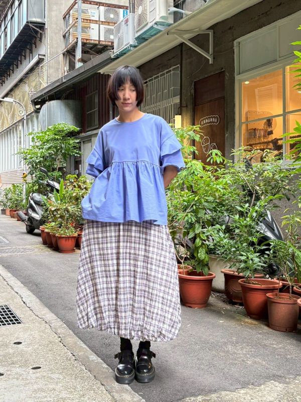 軟棉質格紋氣球裙 