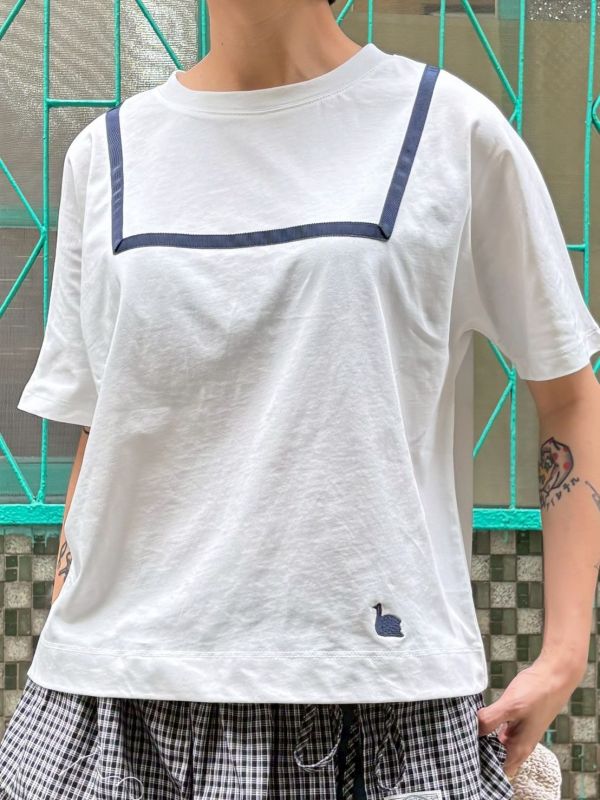 藍色緞帶車縫水手白tee 