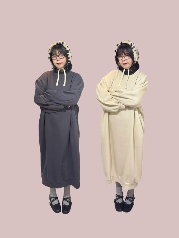 棉質加絨寬鬆繭型長洋裝 