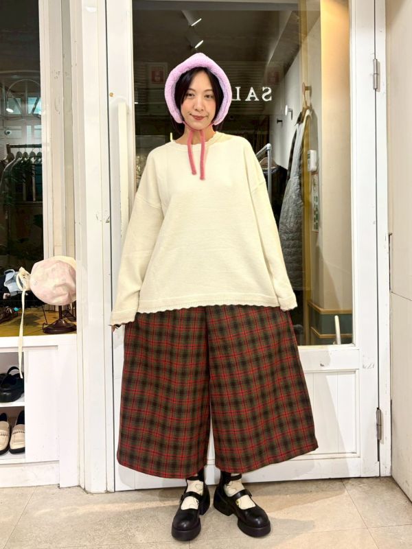 紅棕格紋九分寬褲裙 