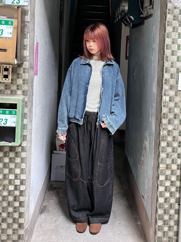 翻領做舊復古拉鍊牛仔外套 