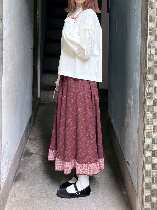 透紗刺繡綁帶縮袖襯衫 