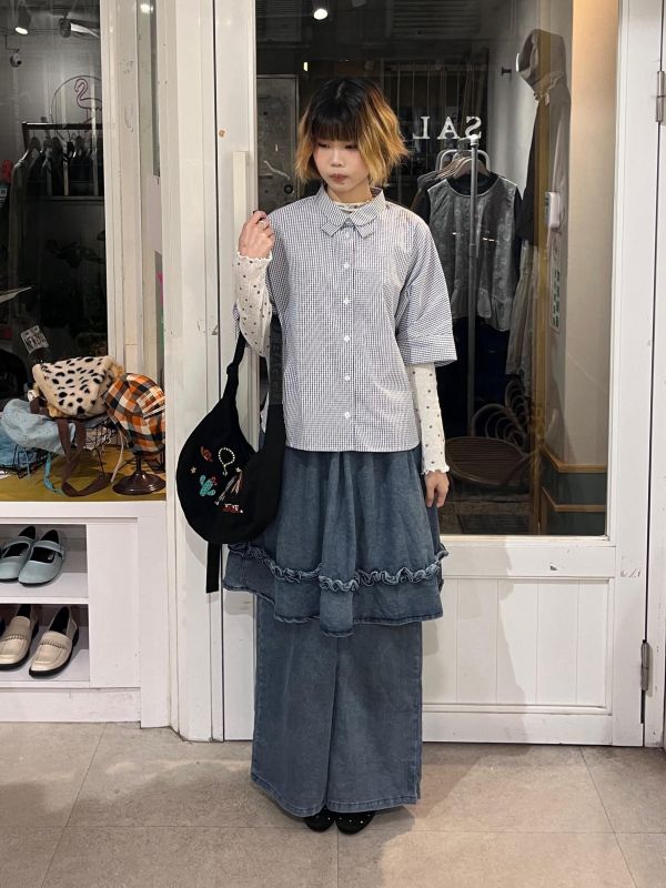 花紋蝴蝶結造型領無肩線襯衫 